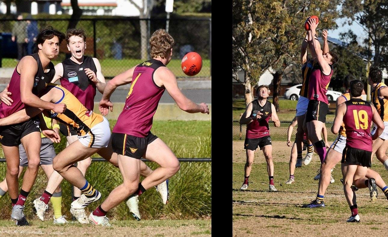 Cody Goonewardene shoots a handball out to Hugo Nosiara; Brodie Findlay marks strongly watched by Rayner Seccull and Olli Hotton (19)