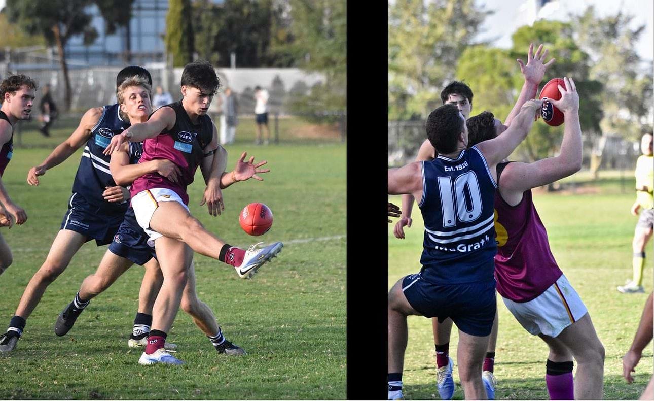 Nick Mavropoulos just gets his kick in and Brodie Findlay juggles a mark