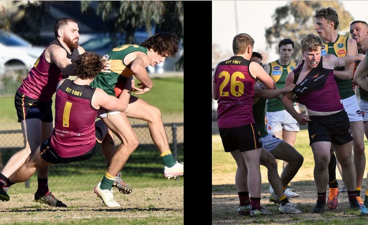 Will Barrie and Joel Chilcott (1) put the clamps on an Old Trinity opponent, and there's never trouble with the Kirkwood-Scott brothers around!