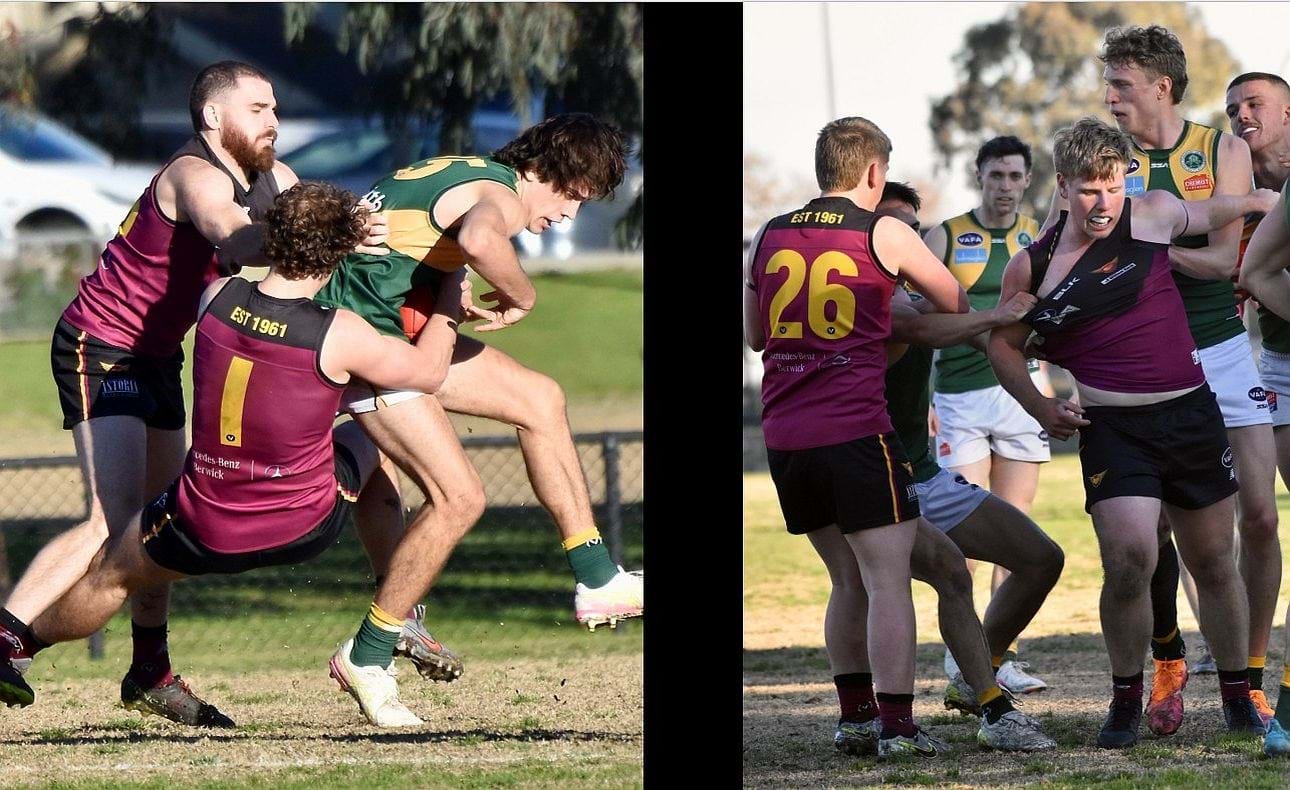 Will Barrie and Joel Chilcott (1) put the clamps on an Old Trinity opponent, and there's never trouble with the Kirkwood-Scott brothers around!