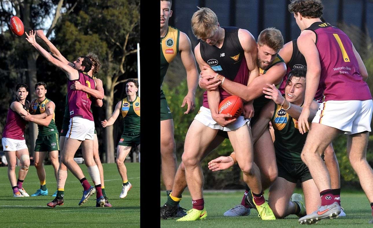 Jack Bell in ruck, Flynn Gregor wrapped up in a tackle