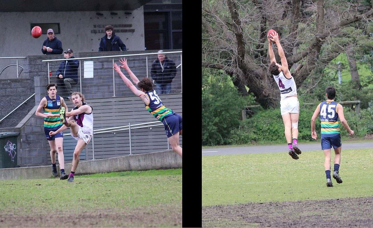 Angus Bonwick kicks around the cornea, Josh Gillon (4) extends for a mark
