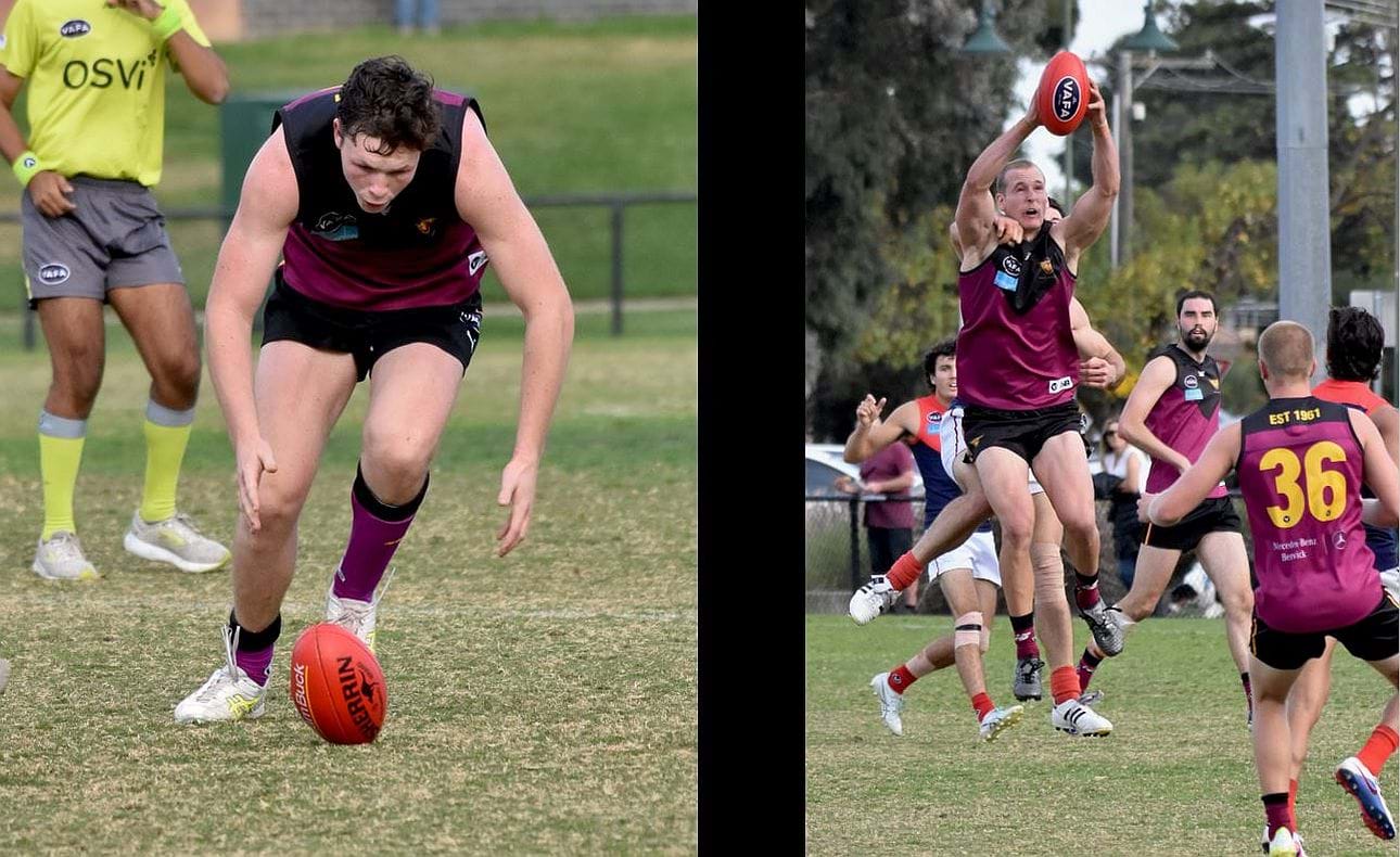 Brodie Findlay takes possession at ground level, while Bailey Yates takes it in the air; James Bell and Lachlan Gilian (36) watching on