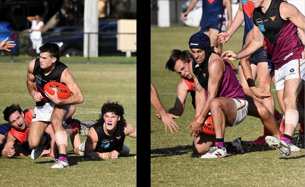 Josh Gasparini and Corey Connelly gathering at ground level