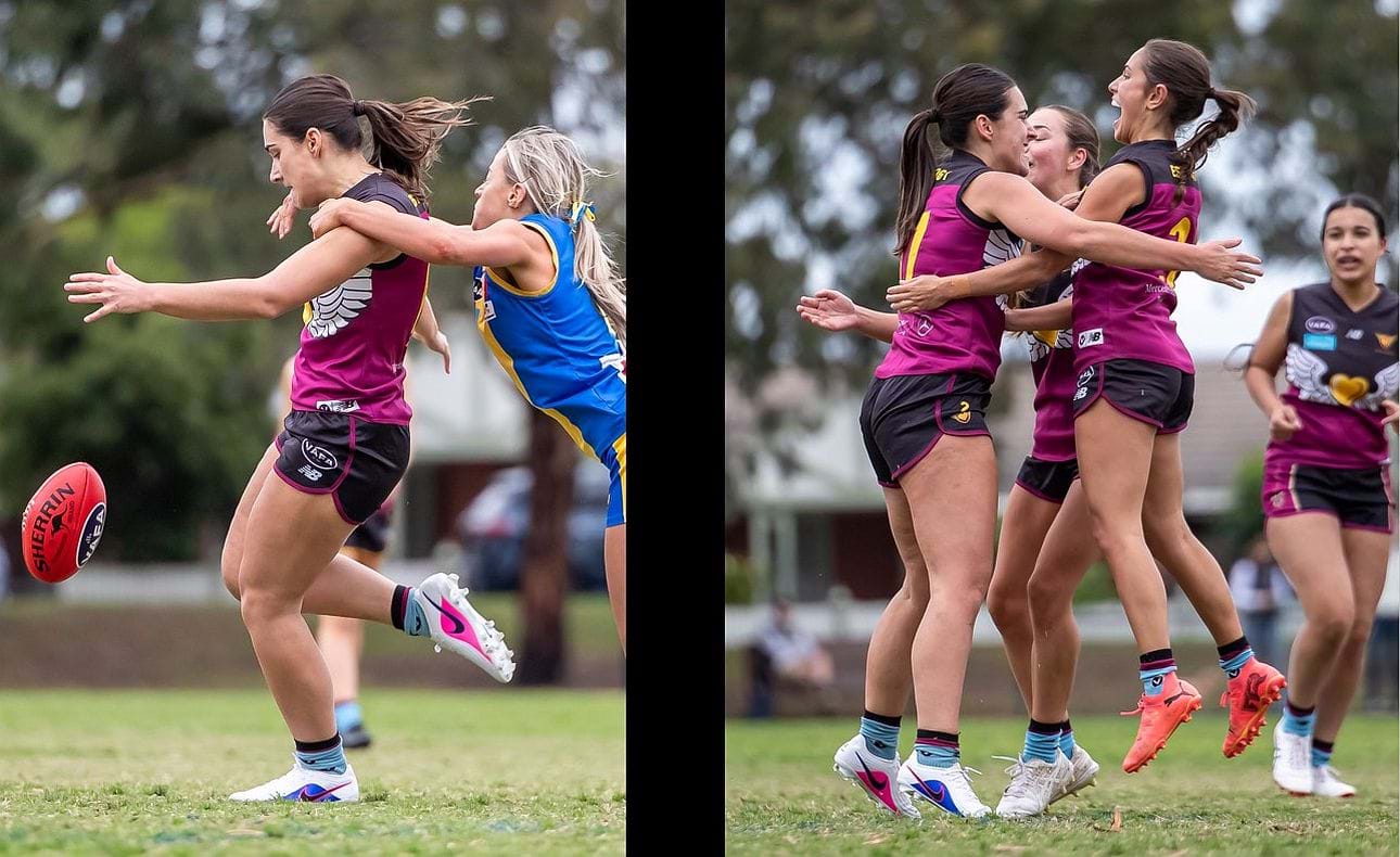 Leesa Guestella's kick and goal delights her skipper Jasmine Bettess