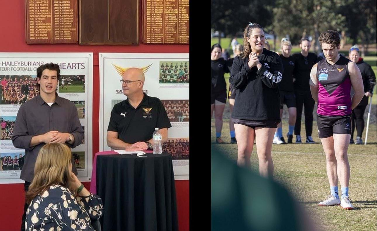 Carlton defender Liam Stocker with devilish MC Mark Thompson speaking at the Spud's Game luncheon with Anita Frawley in the foreground; Senior captains Chelsea Frawley and James Paul address players before their games