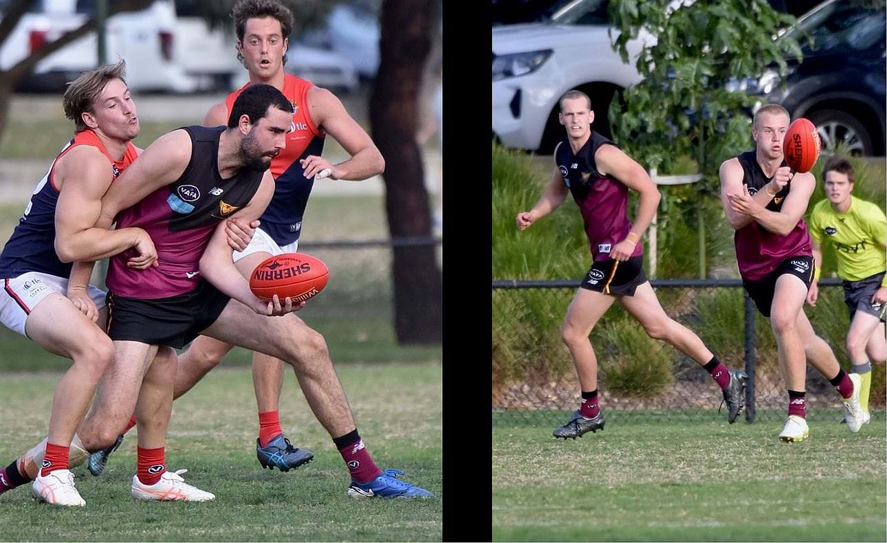 Jack Bell battling to get his handball away, but no problem for Lachlan Gilian with Bailey Yates behind him