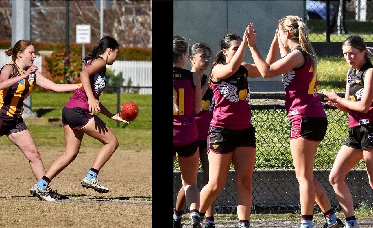 Liz Fernandez escapes her Hawthorn opponent, Leesa Guestella and Ivy Compton celebrate a goal