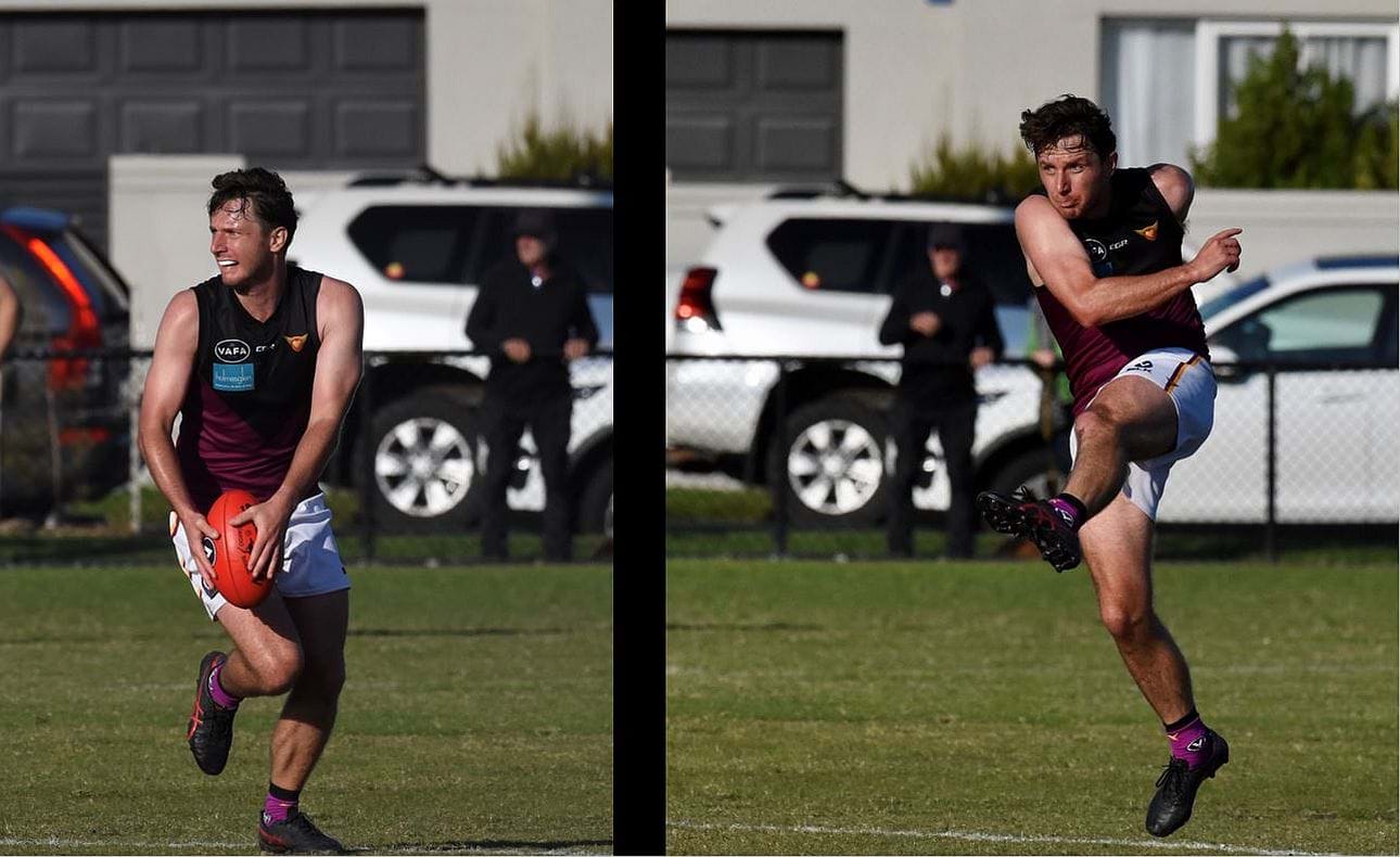 Peter Gleadhill swings on to that familiar left foot on his wing, Roger Paul in the background