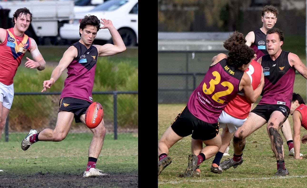 Noah Higgins on a break and Josh Gillon (32) laying a tackle in the senior game