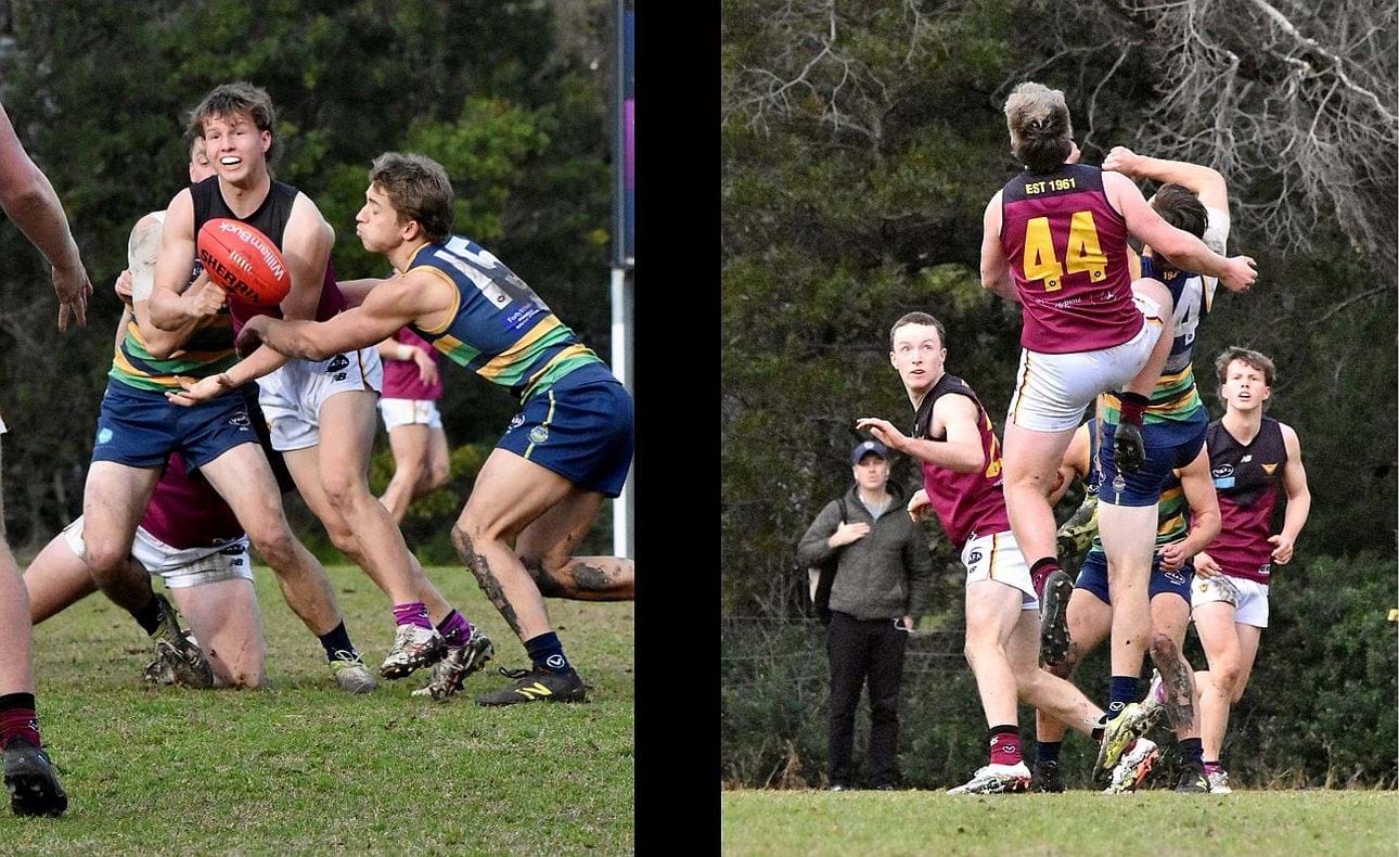 Archer Harrop shoots out a handball, Mitch Kirkwood-Scott (44) hitches a ride