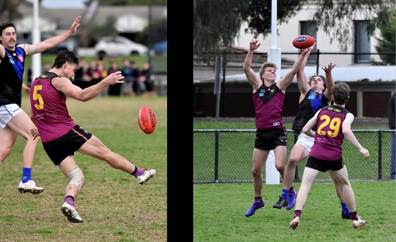Brede Seccull (5) drives forward, where Charlie Harrop stretches for a mark with Lucas Hornblower (29) in support