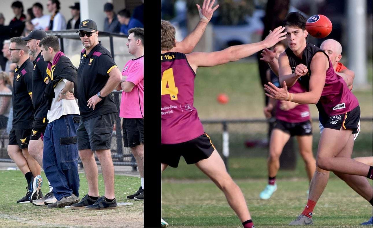 The brains trust look on as Nick Mavropoulos handballs out