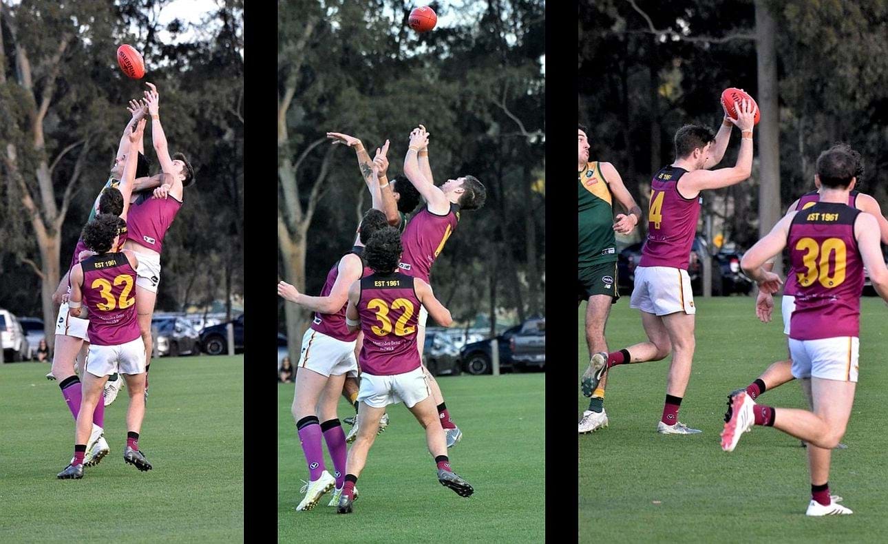 Durras Seccull brings down a mark with Josh Gillon (32) and Seve Stefanakis (30) looking on