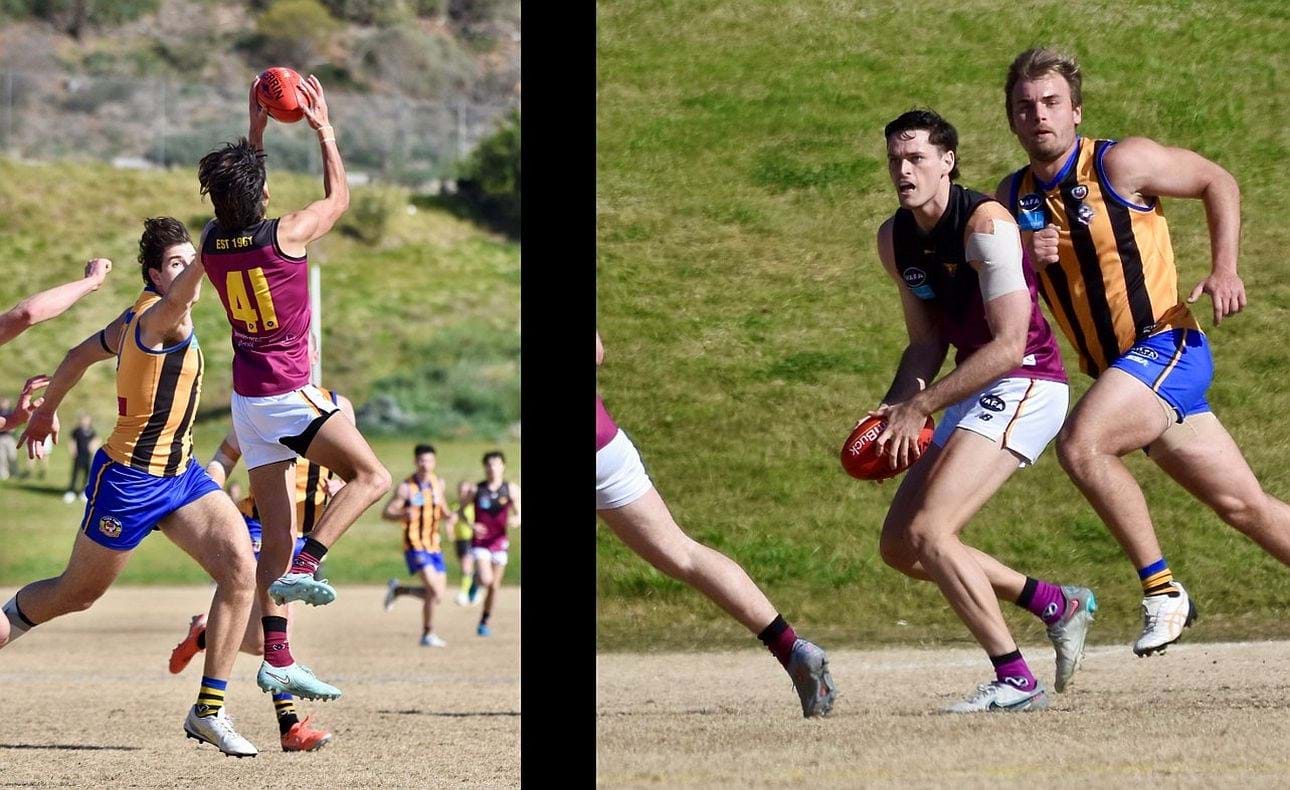 Cody Goonewardene (41) marks strongly and Kye Turner looks downfield, pursued by former Carlton player Matthew Watson