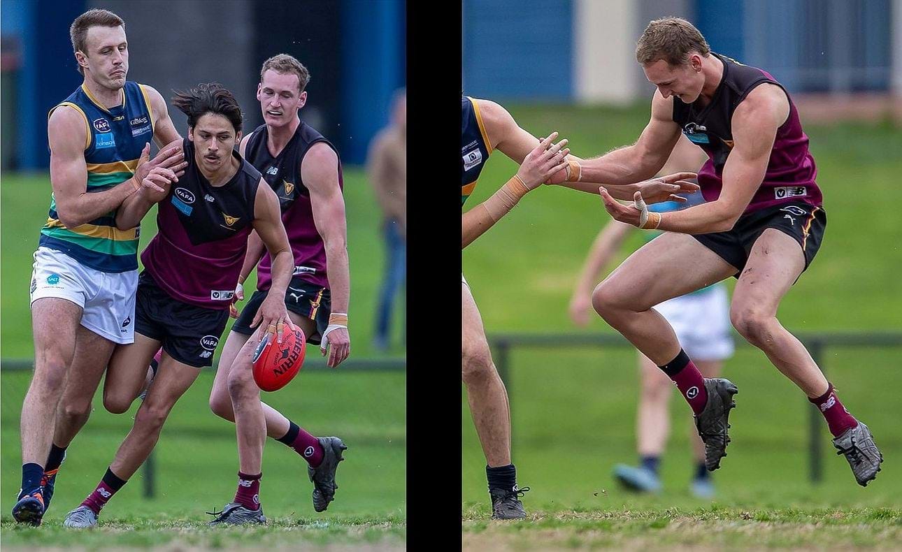 Cody Goonewardene leads the race to the ball, but what has Bailey Yates seen?