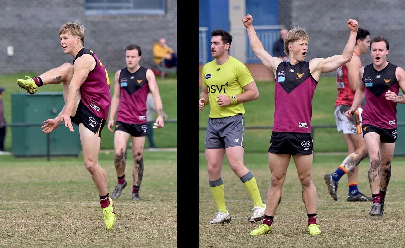 Cause and effect - Flynn Gregor kicks a goal and celebrates; a later major resulted in a spectacular backflip