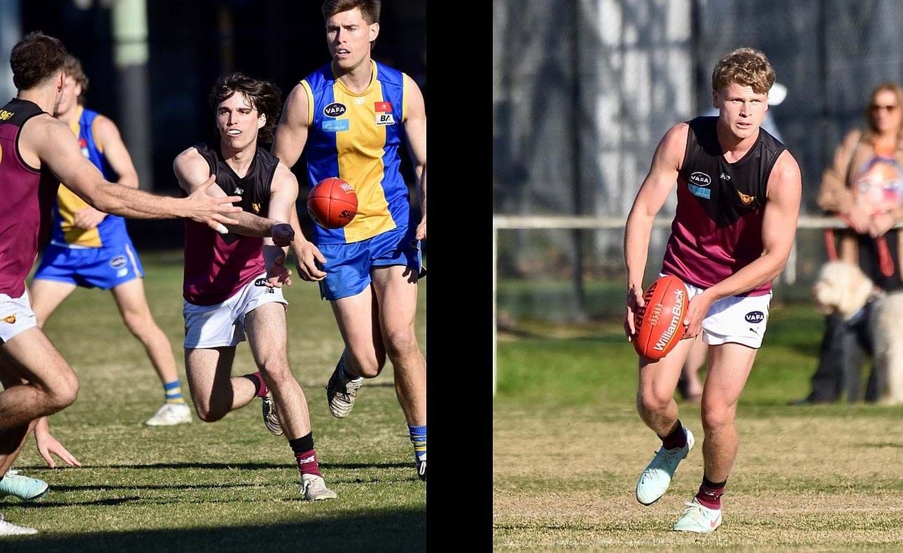 Noah Higgins with a lookaway handball and Hugo Nosiara preparing to kick
