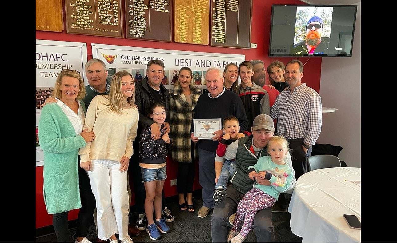 New Life Member Bruce Langford-Jones surrounded by the rest of the L-J clan on his induction at the Round 1 luncheon