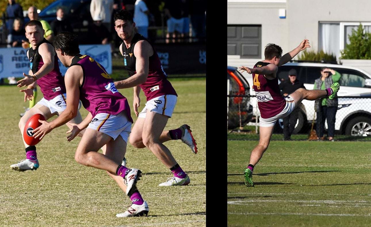 Jack Munro (3) gathers with Dre Stefanakis and Brede Seccull in support; Corey Rich (4) stretches to boot forward