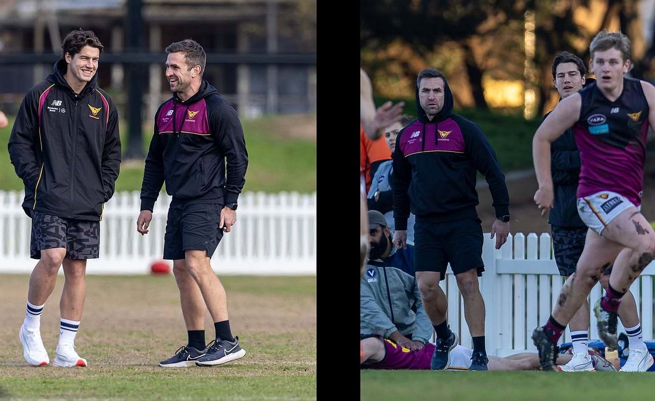 Coach Guy Martyn and assistant Liam Stocker relaxed before the Round 10 Xavs clash, intensely watching during it with Liam Kirkwood-Scott in the foreground