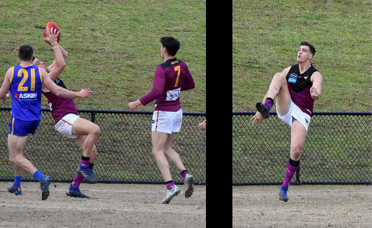 Ruckman Lachie Treverton with an early mark and shot at goal in the Preliminary Final against Beaumaris at Elsternwick Park