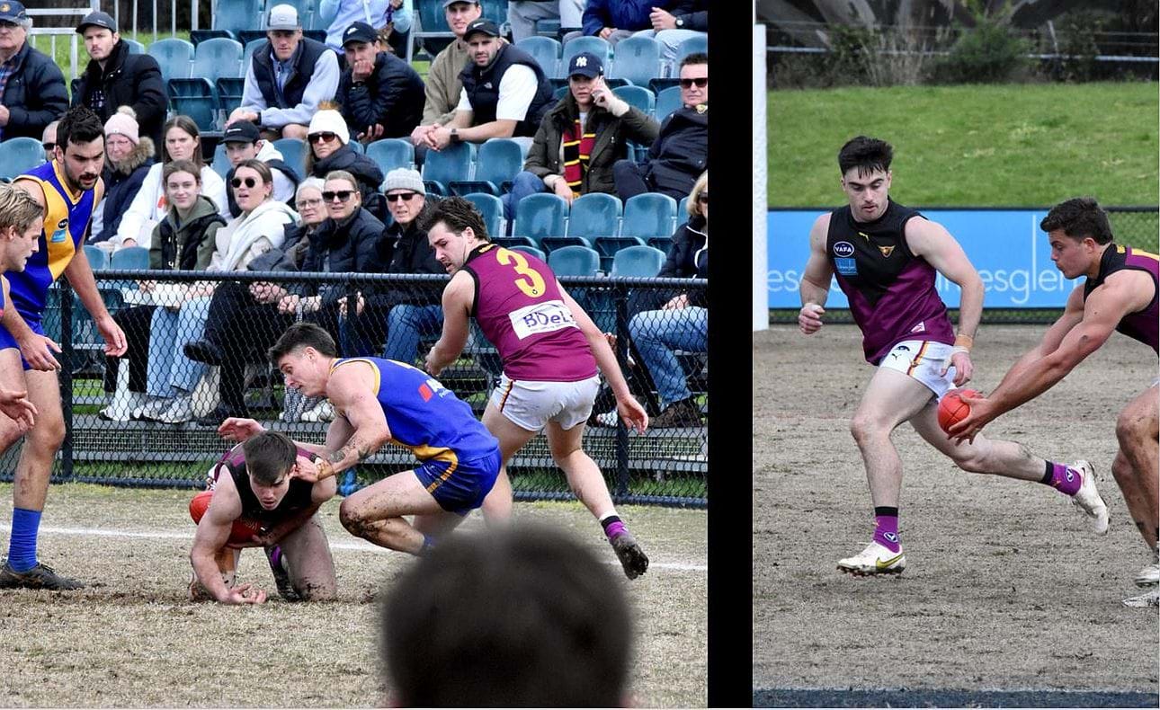 Josh Gasparini under the pump with Jack Munro (3); mid-fielders Jayce Morgan and Billy Mackay combine