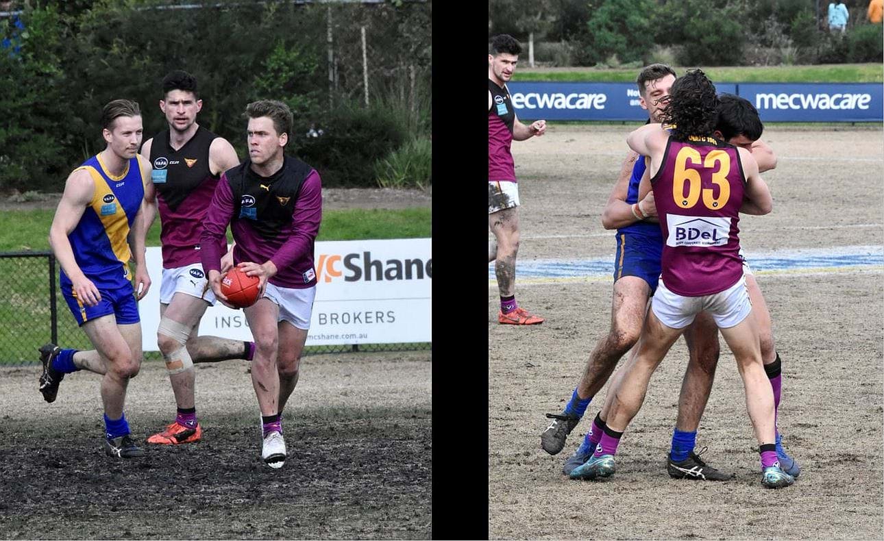 Jack Lonie wheels on to his left foot early in his masterclass performance that netted him 5 goals; Nathan Dowsett (63) wasn't letting anything pass in defence