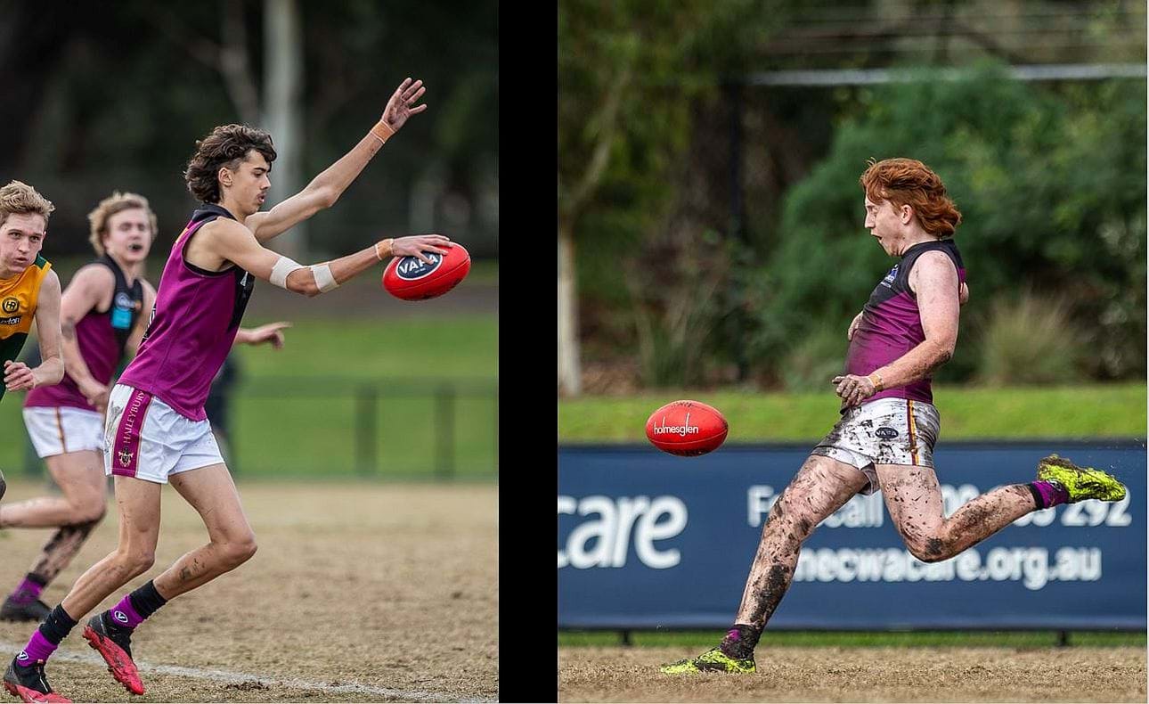 Ky Allcock and Blake Gordon show off their kicking styles in the U19s match against Hampton Rovers at Elsternwick Park