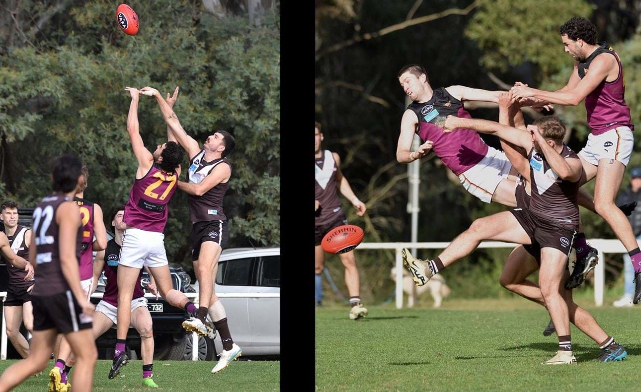 Round 8 v Old Ivanhoe and the big men fly! - Jack Bell (27) and Durras Seccull up in the air