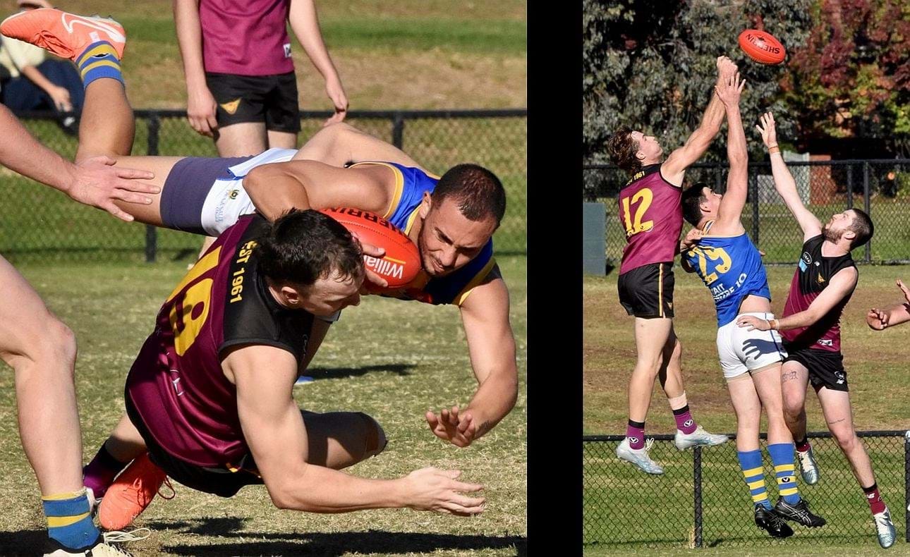 First year senior player Jake Black (19) brings down his De La Salle opponent while defenders Hugo Lynch (12) and Durras Seccull spoil another De La attack in Round 5