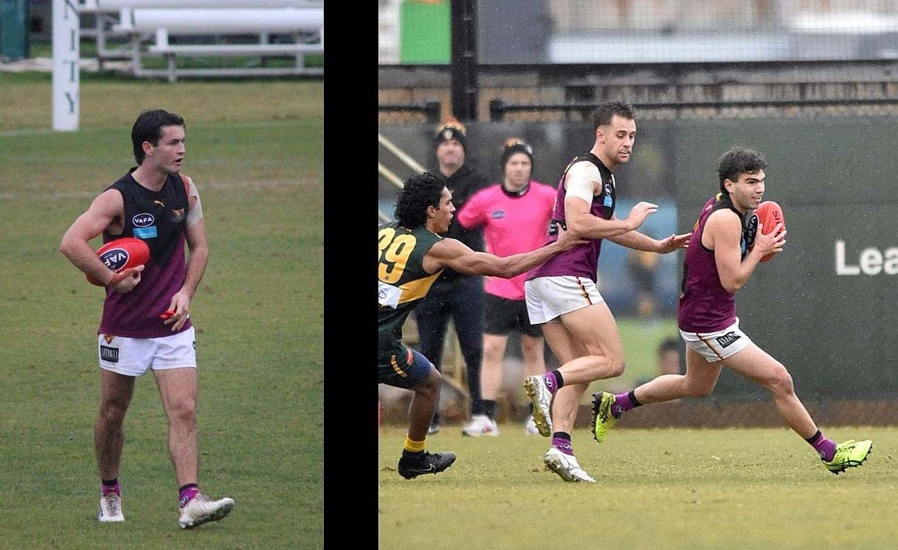 In a wintry Round 11, Charlie Sinclair takes a breather with ball safely in hand while Tom Antonis evades his Trinity opponent ahead of Brodie Steele