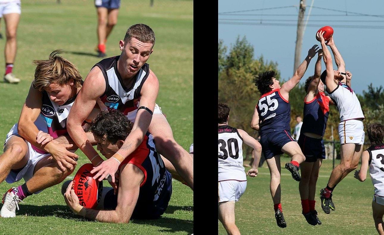 James Connell is all over his Old Brighton opponent in the Development squad's match, and Will Barrie marks at the front of the pack