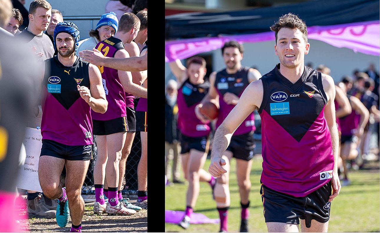 Corey Connelly heads for the banner before his 100th game and Joel Constable joins in the fun; Round 15 v University Blacks
