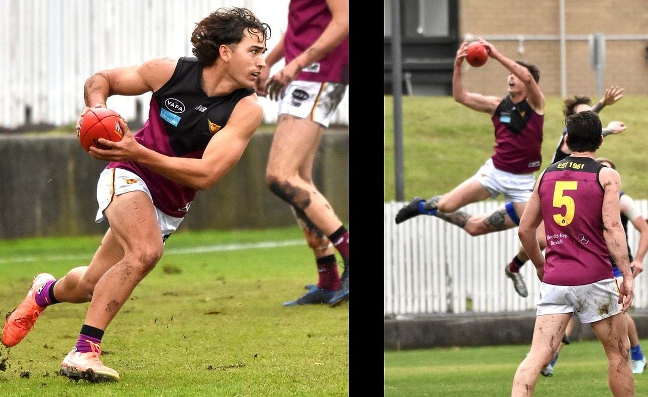 Ned Conway makes a run for it before conditions deteriorate; Lachie Vaughan takes a fly early in the game ahead of Brede Seccull (5)
