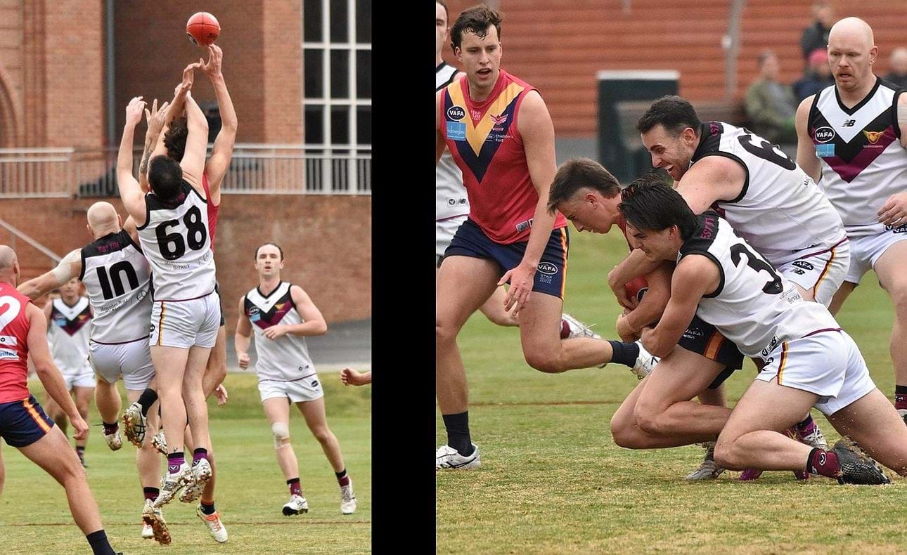 Jacob Gown (68) spoils with help from Brad Prior (10), then lays a tackle with Stuart Connolly in the Reserves Round 11 match at Scotch College