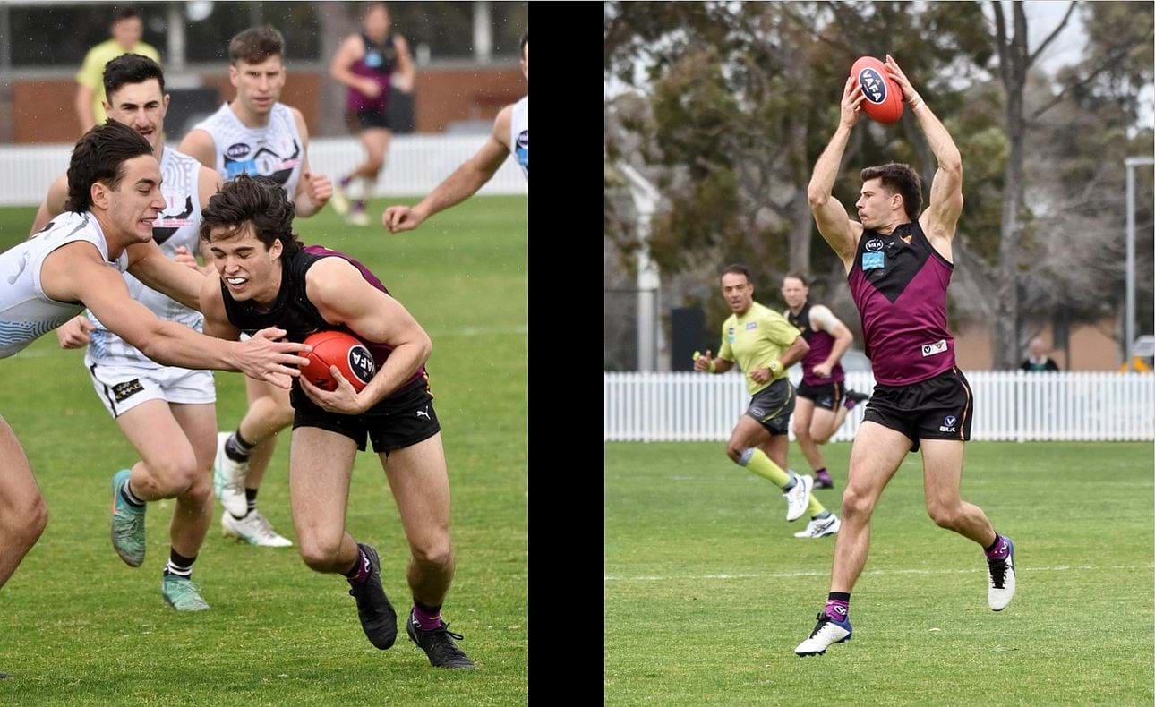 In the final home and away round against Old Ivanhoe, Noah Higgins breaks a tackle and Connor Riley's athleticism is there for all to see