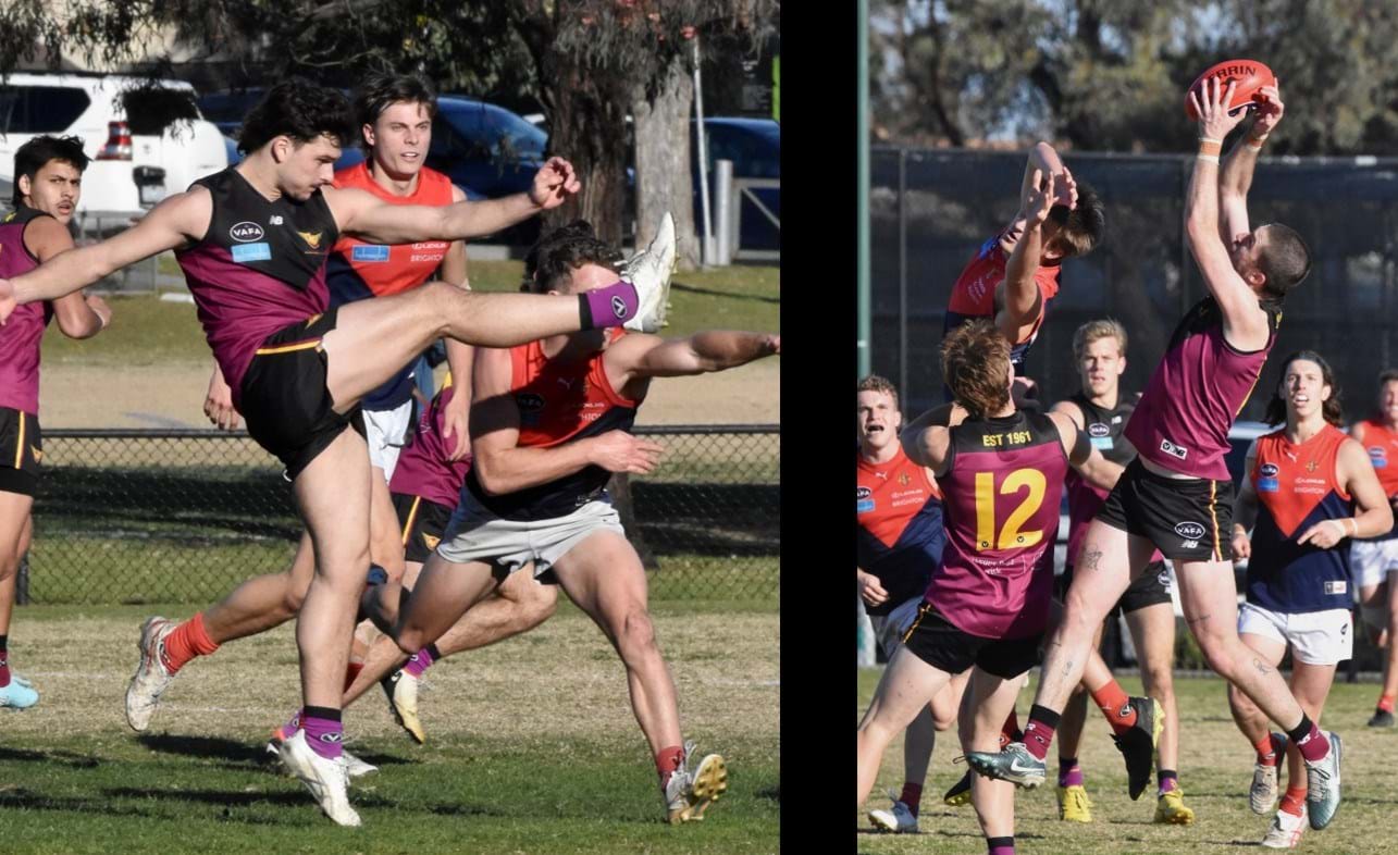 Olli Hotton clears and Durras Seccull marks in the Round 10 match when the Bloods just failed to defeat ladder leaders Old Brighton by a point