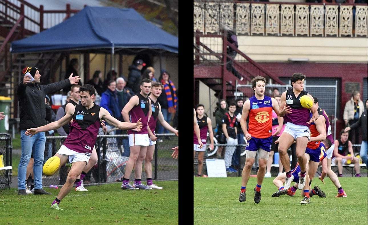 All eyes on the ball for Sam Loewe but not so for father Stewart in the background; Billy Mackay looks a little surprised to have taken the mark in the Round 16 match at Fitzroy's famous old Brunswick Street Oval