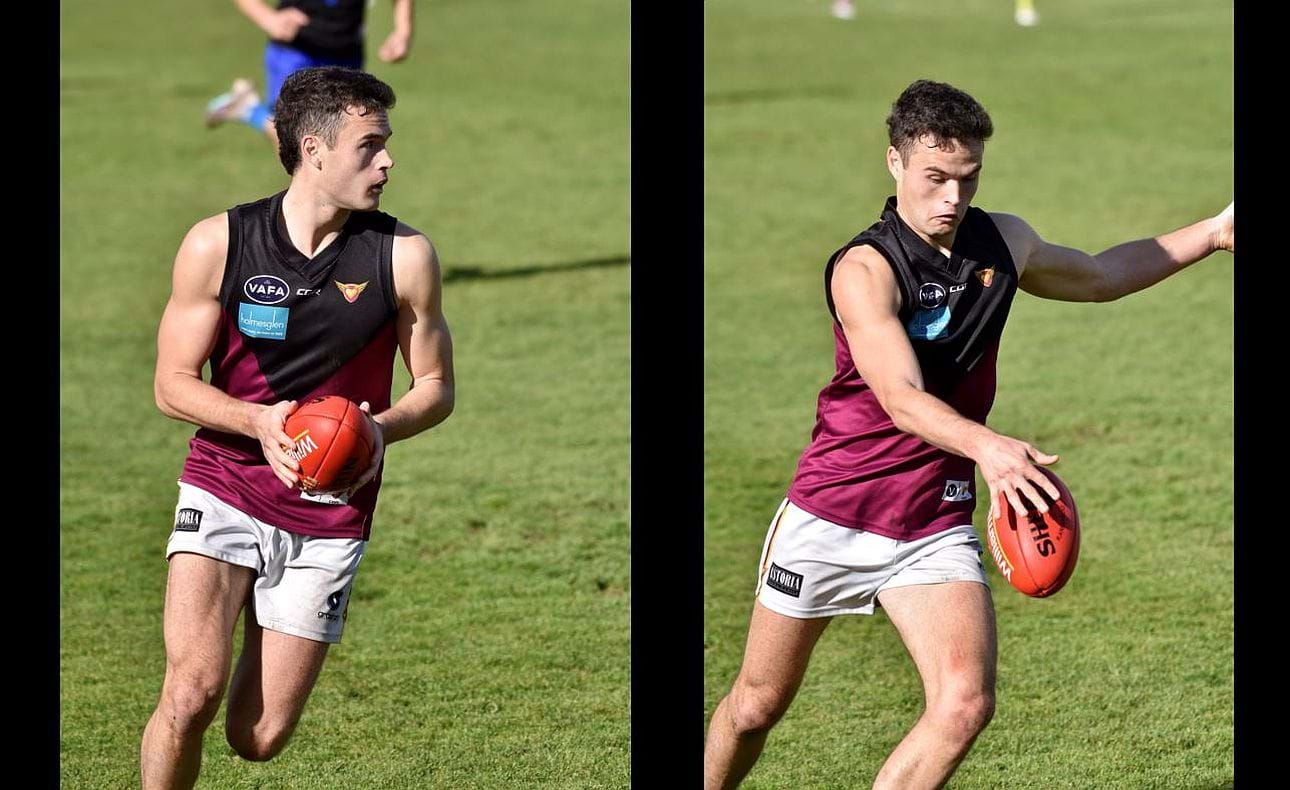 A poised Sam Loewe in possession in the Bloods' vital Round 14 win over second-placed University Blues
