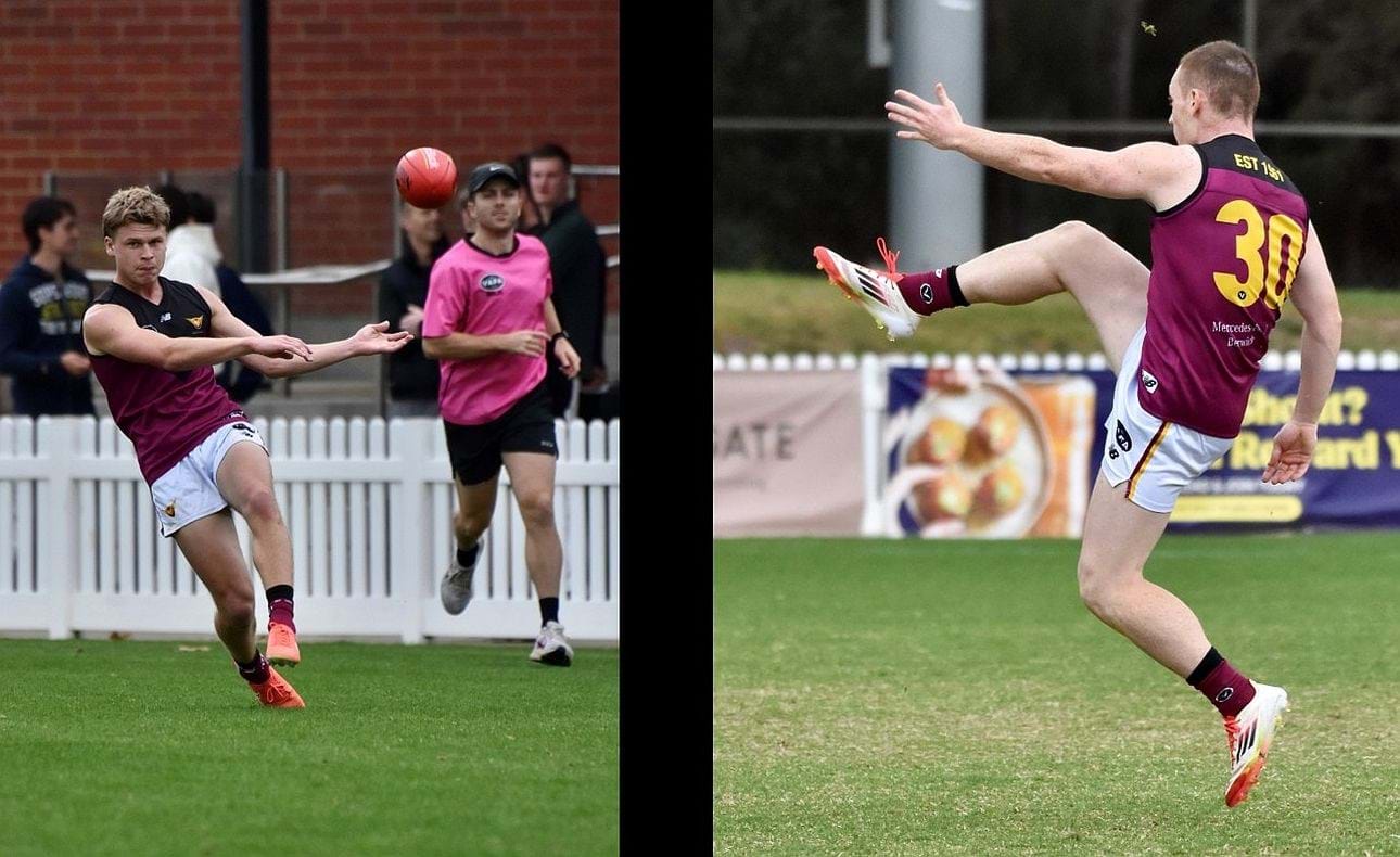 Hugo Nosiara on his left foot and Dre Stefanakis on his right in the Round 3 clash with Old Xaverians at the refurbished Toorak Park