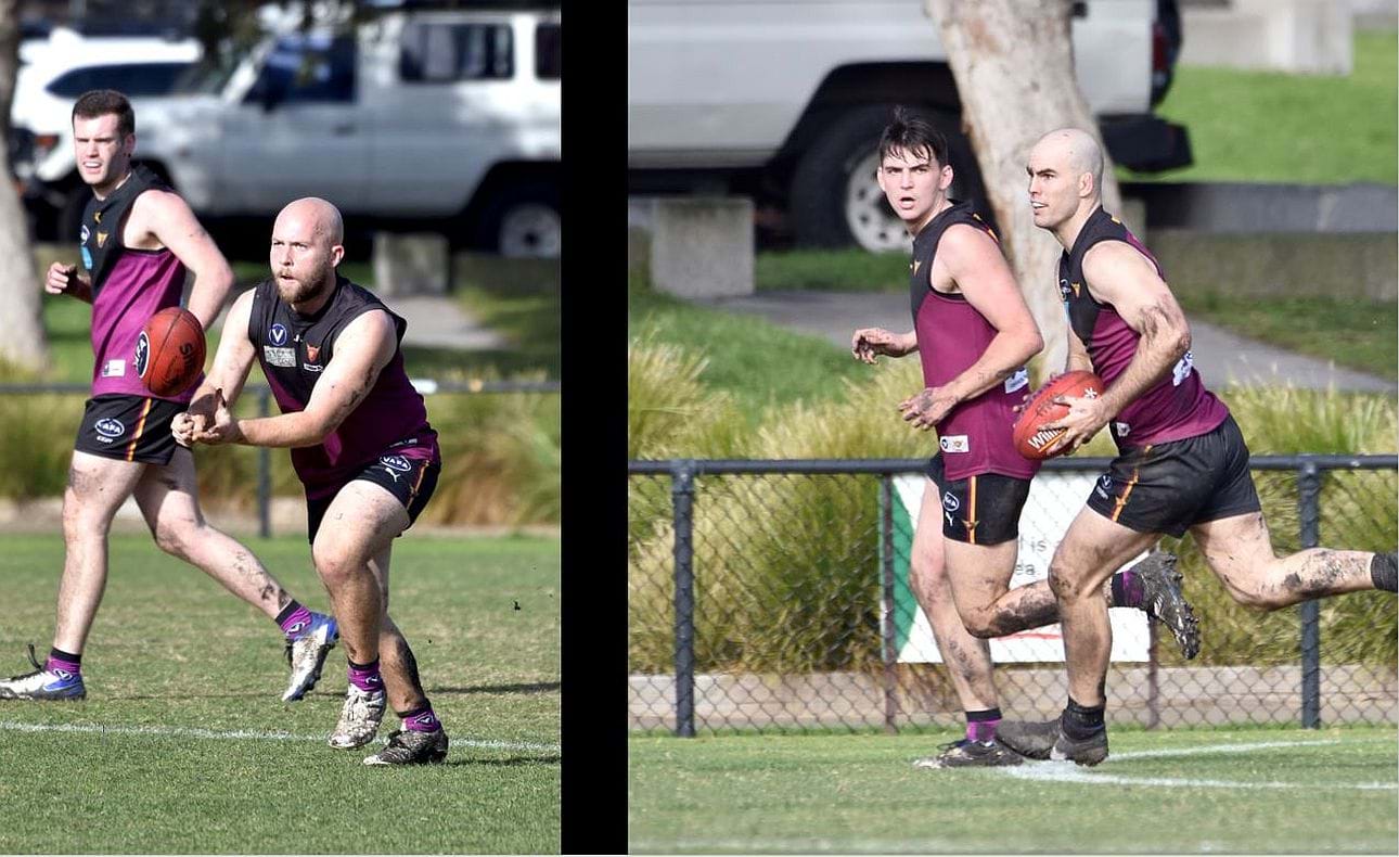 Ben O'Leary handballs in the Reserves' Round 11 match against Old Brighton that also marked the return of Aaron Toy