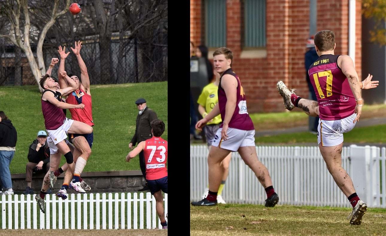 Rayner Seccull prepares to spoil, Liam Wood (17) takes his kick in the Round 11 match against Old Scotch