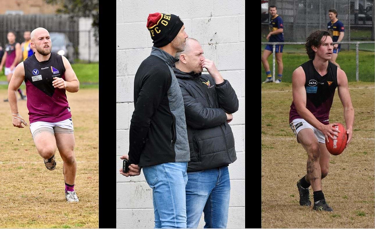 Senior coach Daniel Ward and assistant Stewart Loewe watching the Reserves' Round 13 match against De La Salle; Ben O'Leary at left and Keaton Law at right