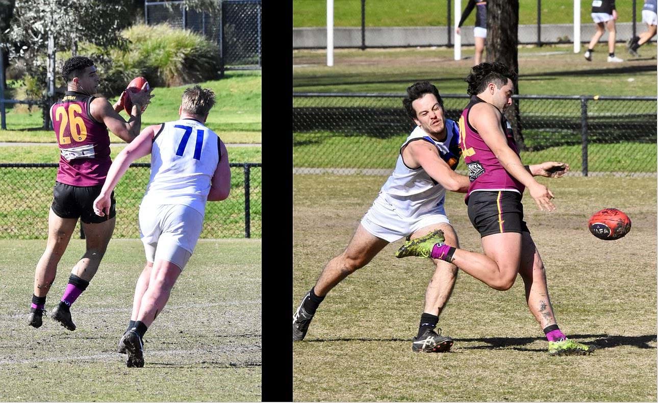 Ollie Sharpe (26) and Jordan Andrews (22) playing their part in the Reserves one goal win over Old Carey in Round 14