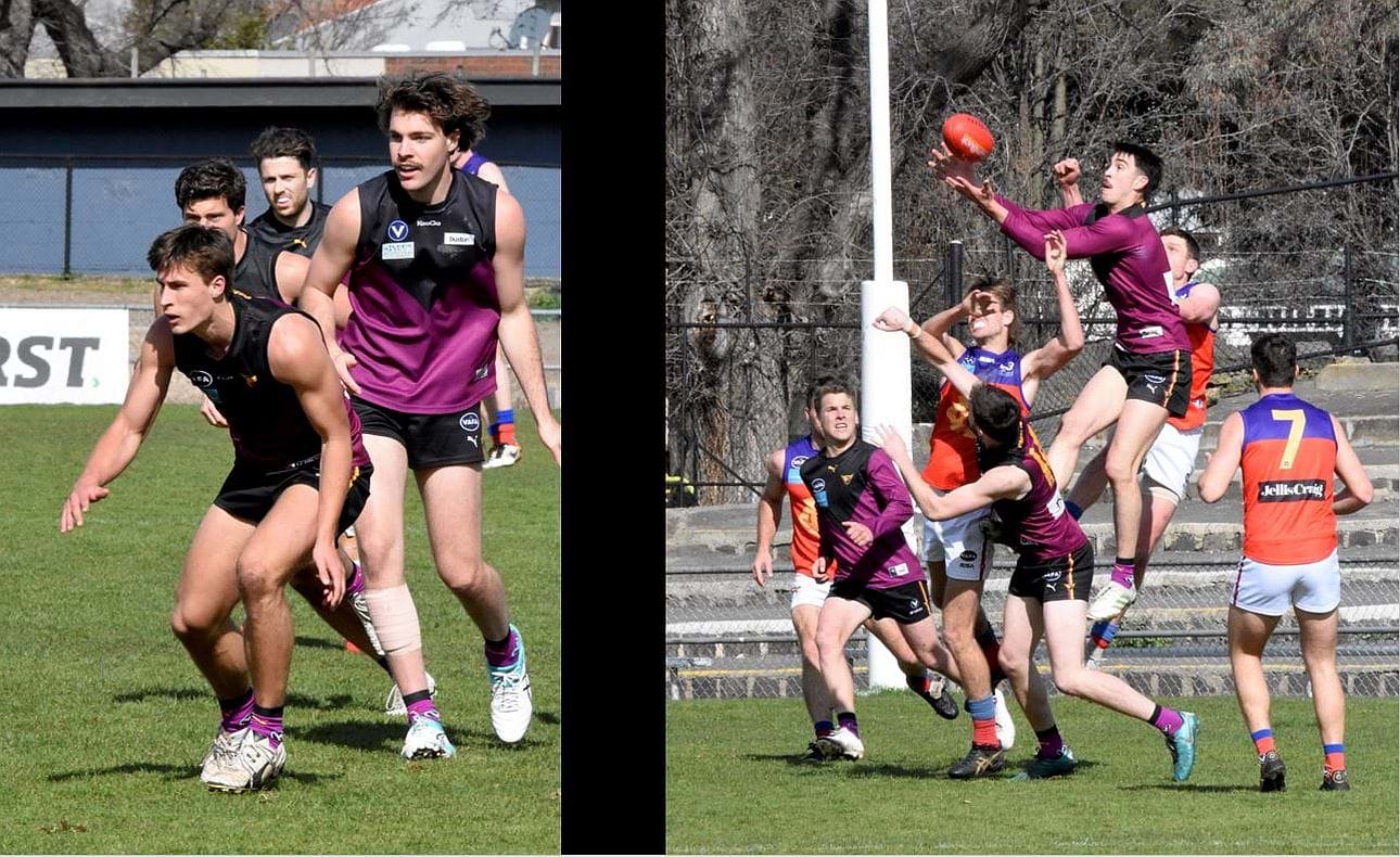 In the First Semi-final against Fitzroy at Coburg, Lachie Riley, Austin Bradtke, Billy Mackay and James Paul line up for the ball; Noah Gown flies for a mark above Durras Seccull and the scouting Jack Lonie