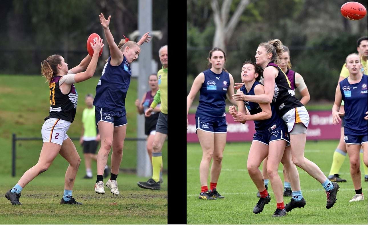 Bella Scaunich (27) marks and Peta Simkin tackles for the Hearts