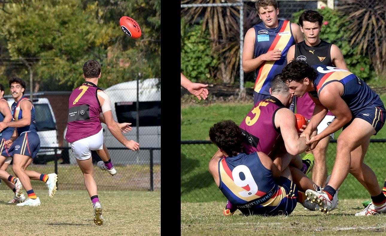 In Round 5 Brodie Steele (7) clears from defence but Brede Seccull (5) is surrounded by St Bede's Mentone opponents