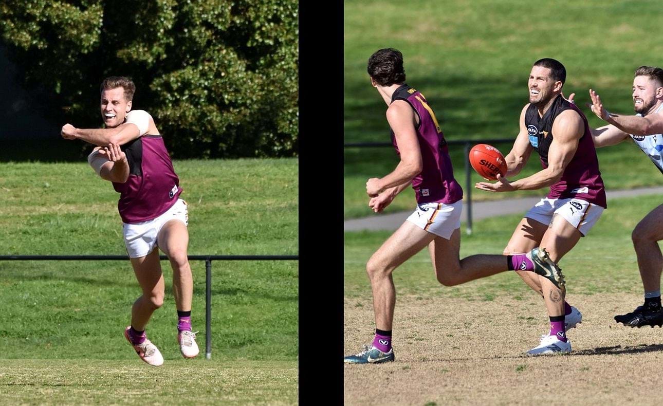 In the Round 17 match at Old Camberwell's Gordon Barnard Reserve, Brodie Steele and James Magner fire out handballs