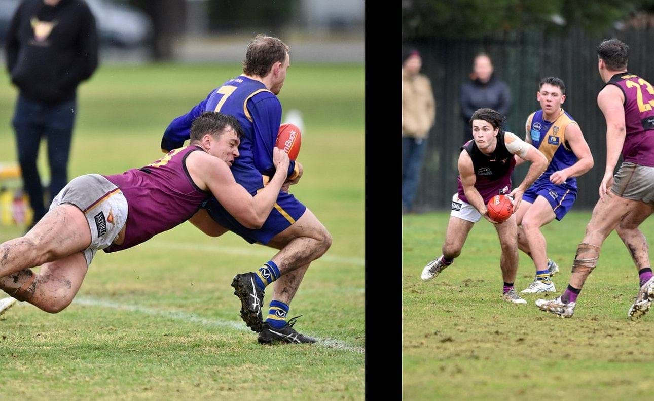Lachie Treverton stretches to tackle, Charlie Sinclair prepares to handball in the Round 13 draw at Williamstown's Fearon Oval